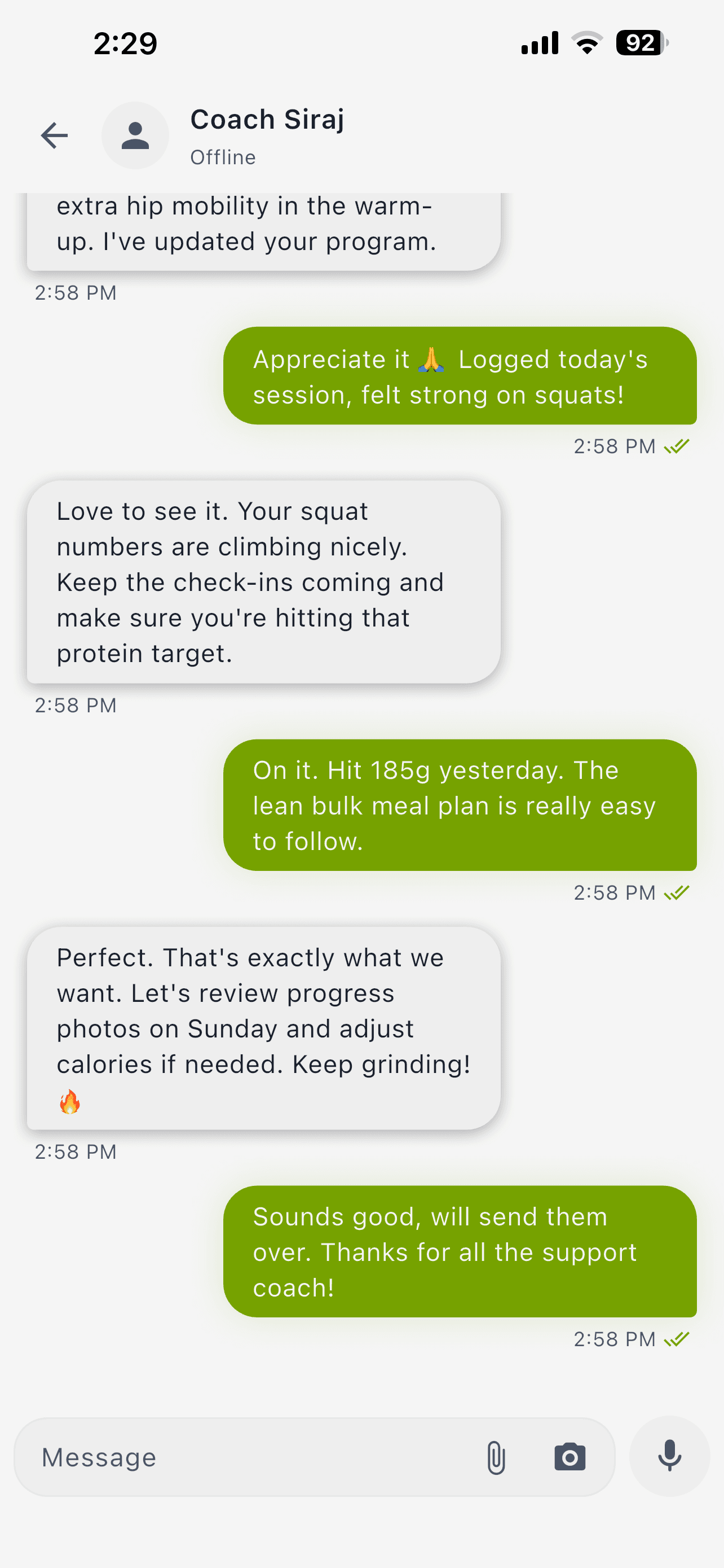 App: Chat with coach — voice notes, reactions, read receipts
