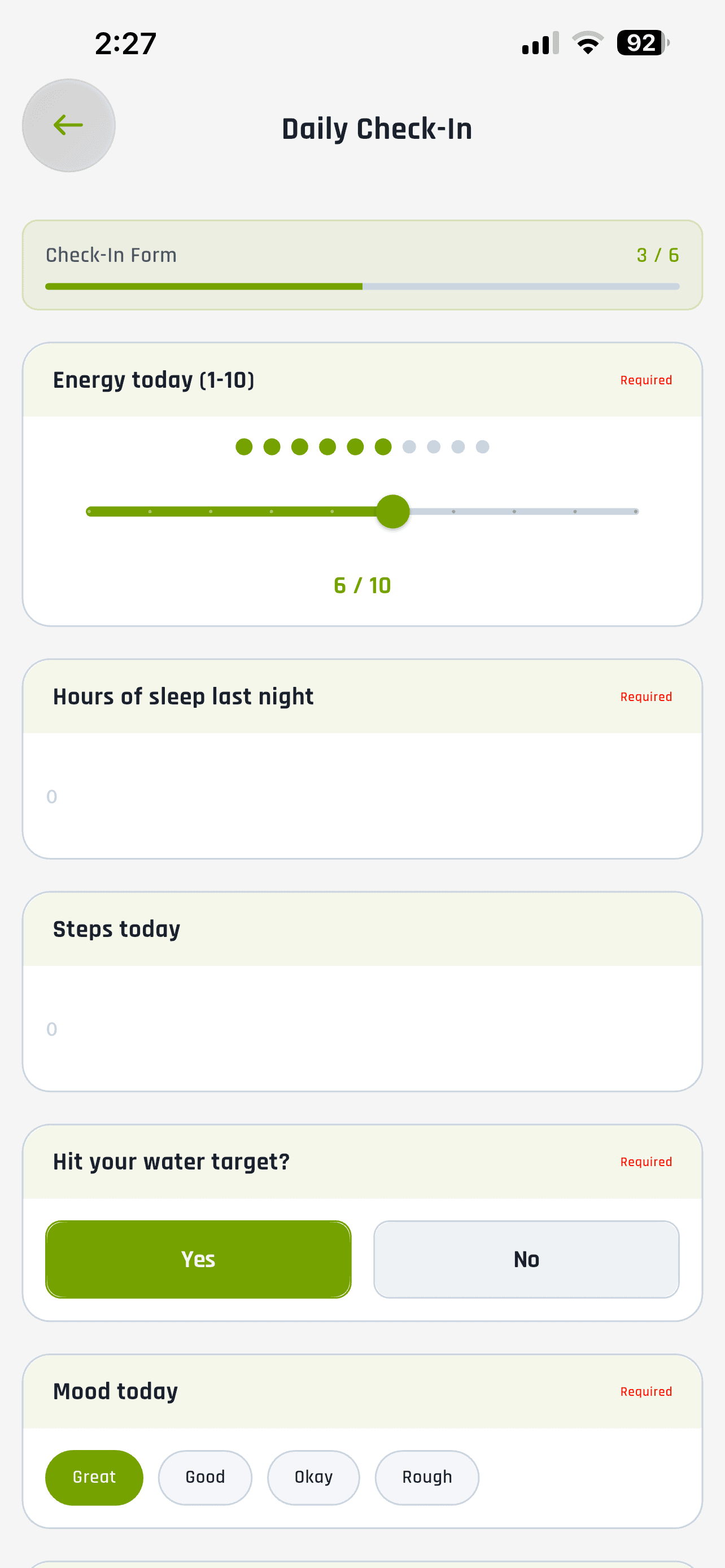 App: Daily check-in — weight, steps, photo answers, filled in minutes