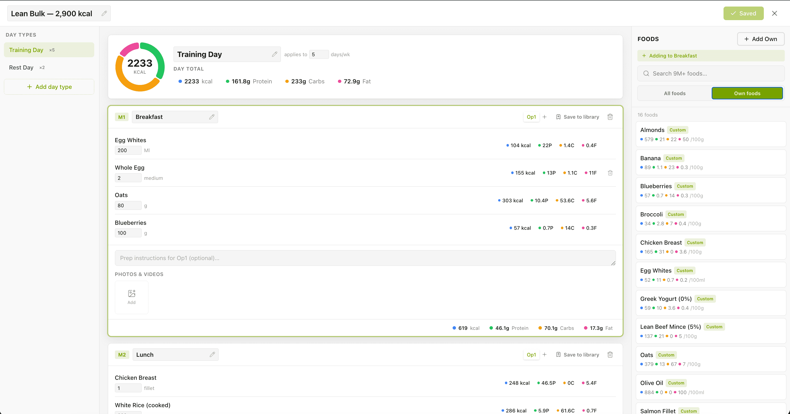 CMS: Meal-plan builder — multi-day plan with swappable options and live macro totals