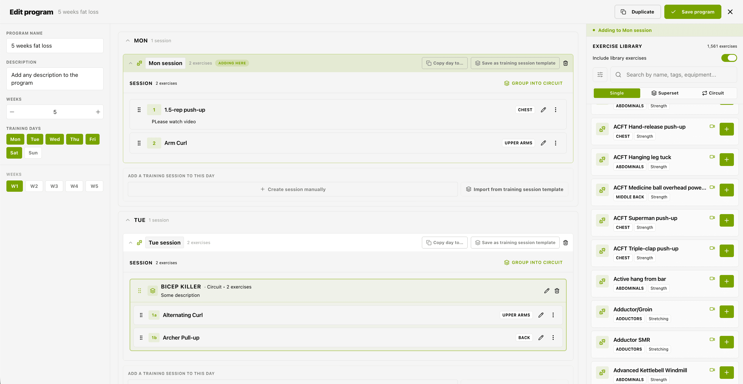 CMS: Program builder — drag-and-drop session with supersets, sets/reps/RPE, video demos